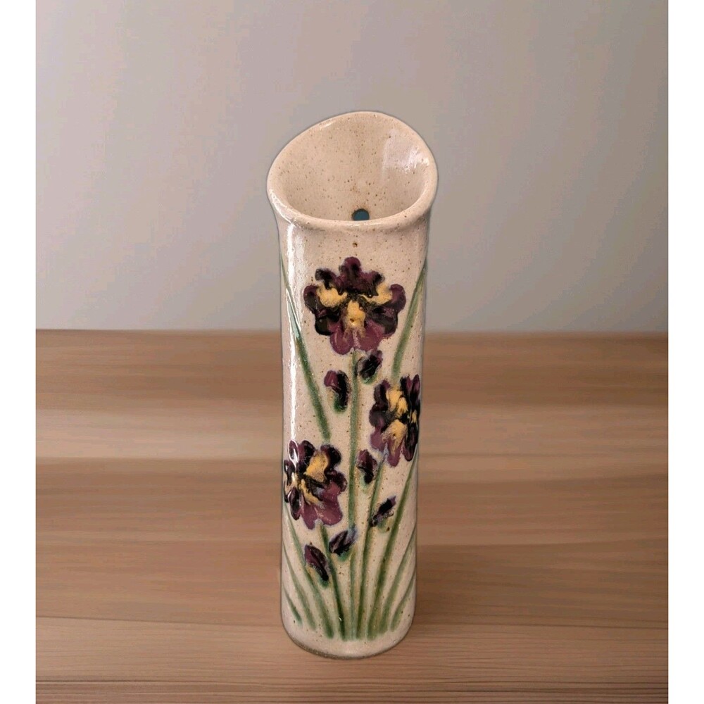 Vintage Wall Pocket Vase Floral Pattern Signed Stoneware Pottery